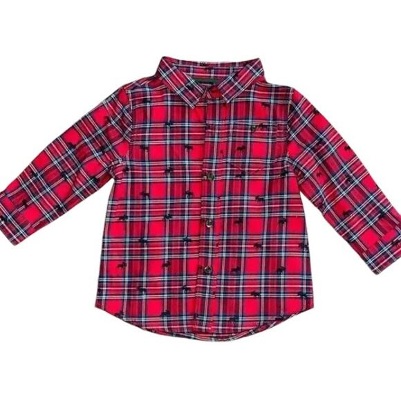 Hatley Boys  Red Christmas Holiday Moose Plaid Button Top 12-18M NWT - Picture 1 of 5
